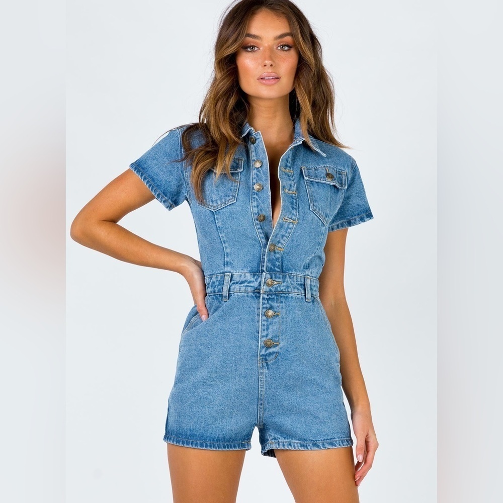 LIONESS denim romper playsuit u know what’s up short sleeve jean utility buttons